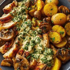 Chestnut Garlic Greek Chicken Alfredo with Sage Potatoes &amp; Mushroom Basil Pesto Cream-image